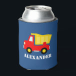Kids personalised can coolers with toy dump truck<br><div class="desc">Kids personalised can coolers with toy dump truck. Cute beverage holders for children with custon name of child. Funny Birthday party favour for boys and girls. Cosy red dumptruck design in primary colours. Also fun design for cosy baby shower or 1st Birthday celebration. Make your own cancooler for son, nephew...</div>