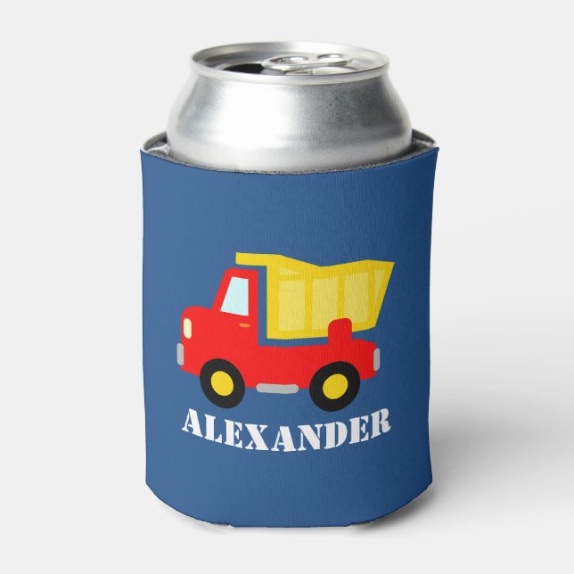 Kids personalised can coolers with toy dump truck (Can Front)