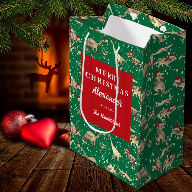 Kids Personalised Christmas Dinosaurs in the Snow Medium Gift Bag (Personalized boys name christmas dinosaurs in the snow red and green gift bag Dino wearing santa hat)