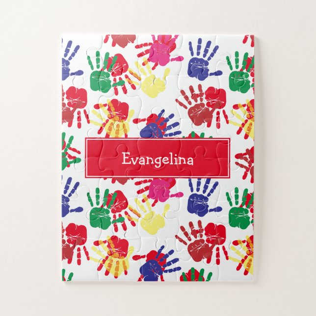Kids Personalised Colourful Handprints Jigsaw Puzzle (Vertical)