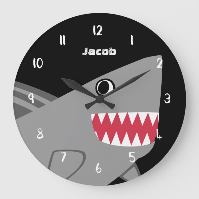 Kids Personalised Cute Grey Shark Black and White Large Clock (Front)