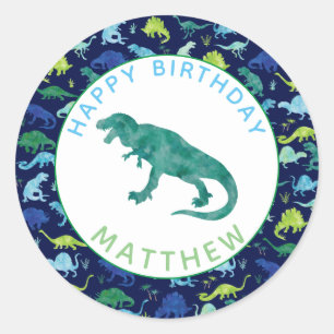 Kids Personalised Dinosaur Birthday Party Pattern Classic Round Sticker