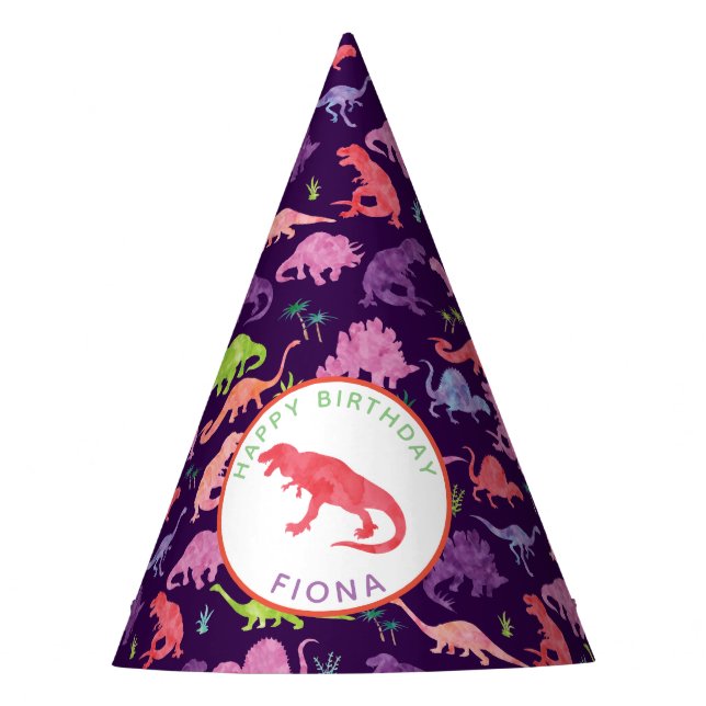 Kids Personalised Dinosaur Birthday Party Purple Hat (Front)