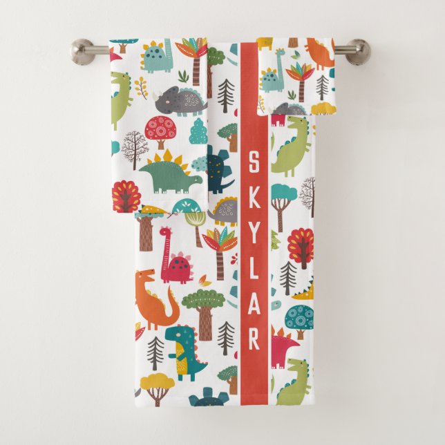 Kids Personalised Dinosaur Forest Colourful Bath Towel Set (Insitu)