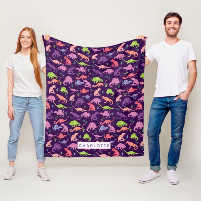 Kids Personalised Dinosaur Pink Purple Girls Fleece Blanket (In Situ)