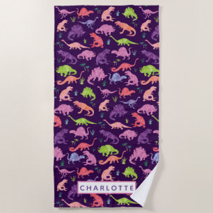 Kids Personalised Dinosaur Watercolor Purple Girls Beach Towel