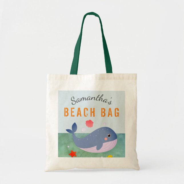 Kids Personalised Name Whale Beach Tote Bag (Front)