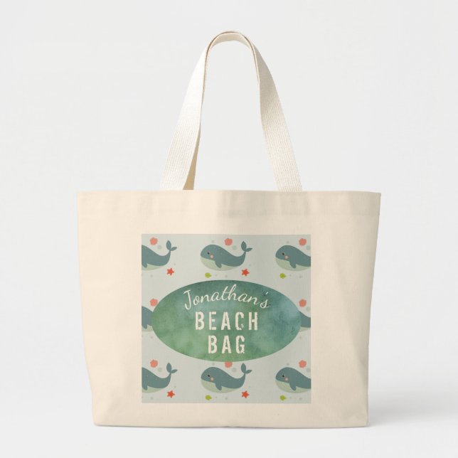Kids Personalised Name Whale Beach Tote Bag (Front)