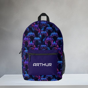 Kids Personalised Neon Gaming Controller Pattern Printed Backpack