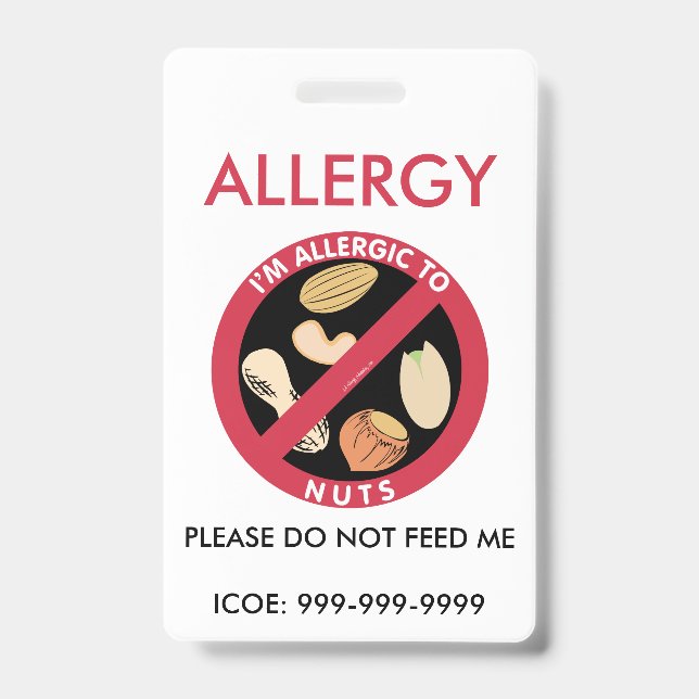 Kids Personalised Peanut Nut Allergy Emergency ID Badge (Front)