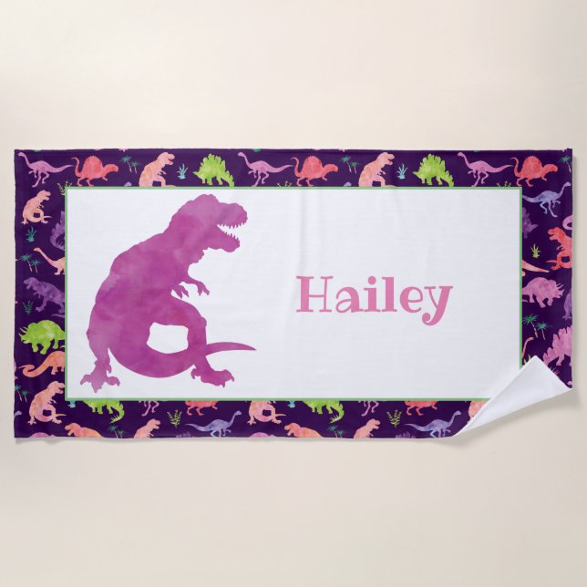 Kids Personalised Purple Dinosaur Watercolor T-Rex Beach Towel (Front)