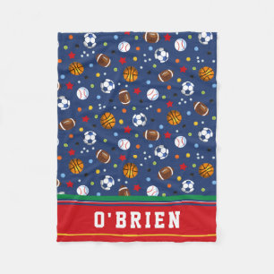 Kids Personalised Red Multi Sports Fleece Throw Blanket