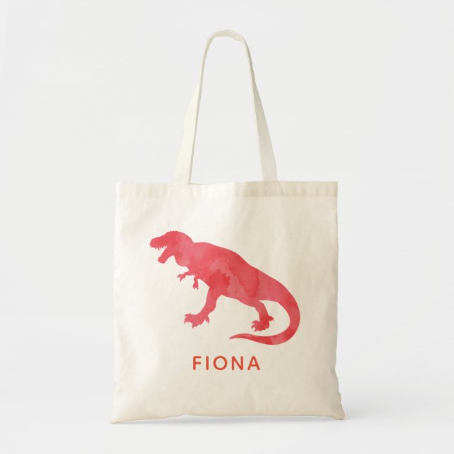 Kids Personalised Red Watercolor Dinosaur T-Rex Tote Bag (Front)