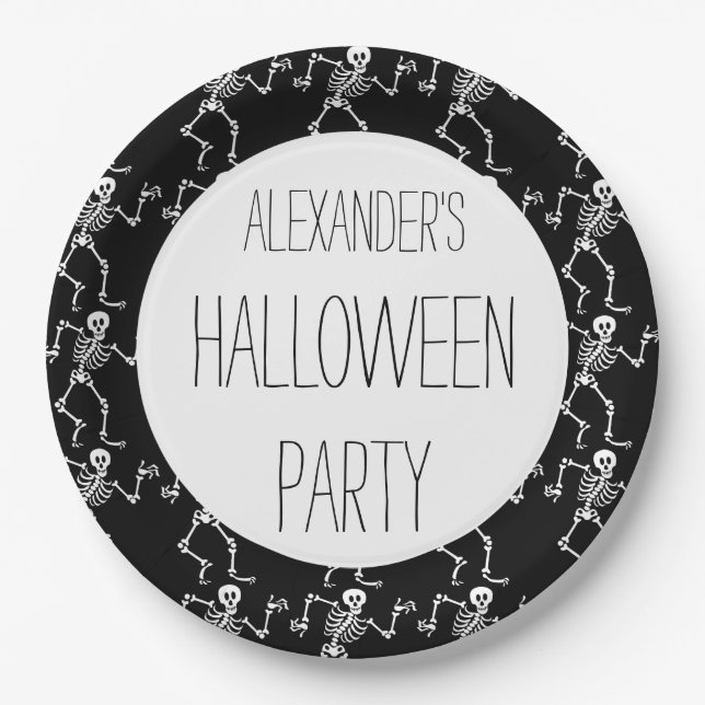 Kids Personalised Skeleton Pattern Halloween Party Paper Plate (Front)
