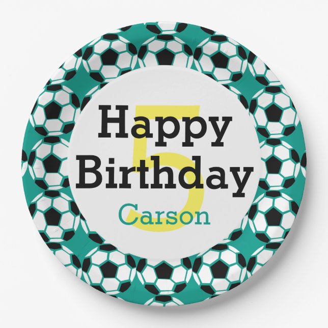Kids Personalised Soccer Ball Happy Birthday Sport Paper Plate (Front)