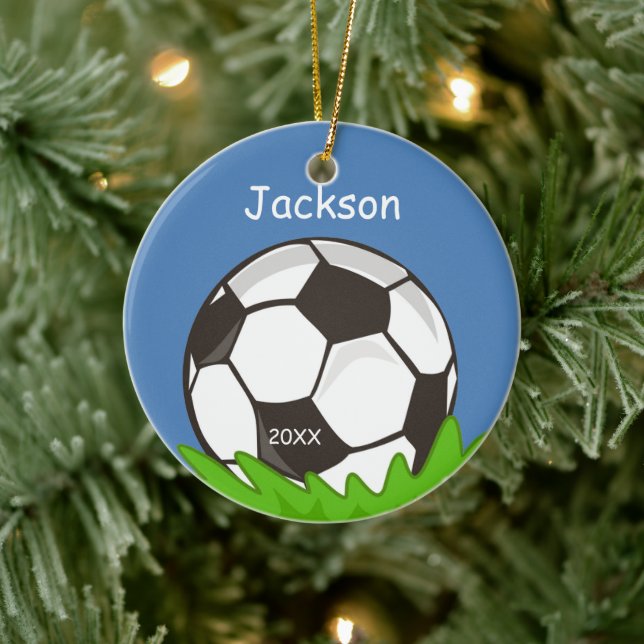 Kids Personalised Soccer Ball Keepsake Ceramic Tree Decoration (Tree)