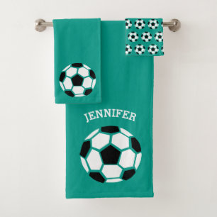 Kids Personalised Soccer Ball Sports Green Bath Towel Set