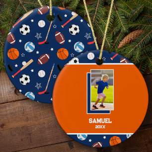 Kids Personalised Sports Pattern Photo Christmas Ceramic Tree Decoration