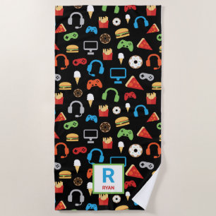 Kids Personalised Video Game Pattern Gamer Snacks Beach Towel