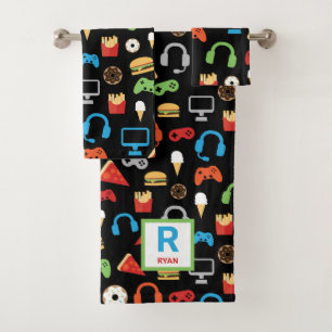 Kids Personalised Video Game Snacks Gamer Pattern Bath Towel Set