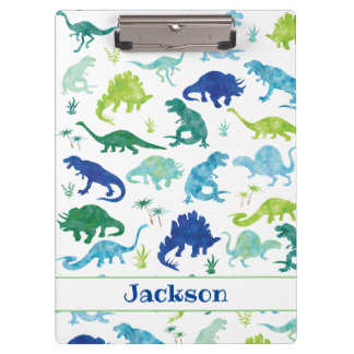 Kids Personalised Watercolor Dinosaur Blue Green Clipboard