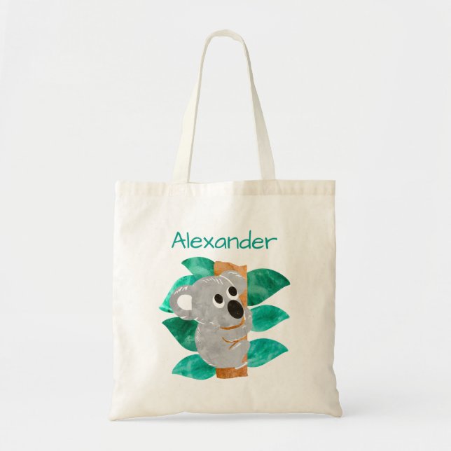 Kids Personalised Watercolor Koala Bear Animal Tote Bag (Front)