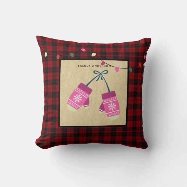Kids Personalised Xmas MITTENS Buffalo Plaid Cushion (Front)