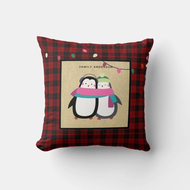 Kids Personalised Xmas Penguins Buffalo Plaid Cushion (Front)
