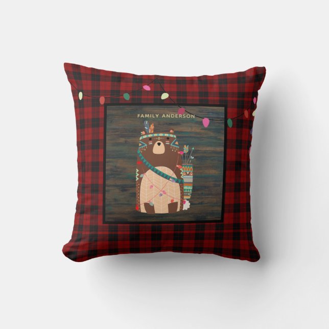 Kids Personalised Xmas Tribal Bear Buffalo Plaid Cushion (Front)