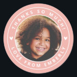 Kids Photo Cute Hearts Birthday Favour Label Coral<br><div class="desc">These adorable,  modern styled thank you stickers feature your kiddo's photo at the centre,  with a pastel coral circle frame! Text templates are included for easy personalisation. Two little white hearts add an extra cute touch. Great for birthday favour labels,  envelope seals,  and more!</div>