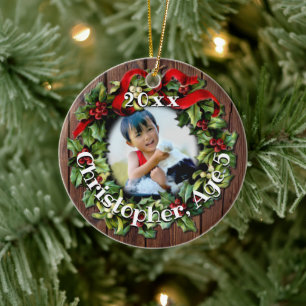 Kids Photo Holly Wreath Keepsake Family Ceramic Tree Decoration