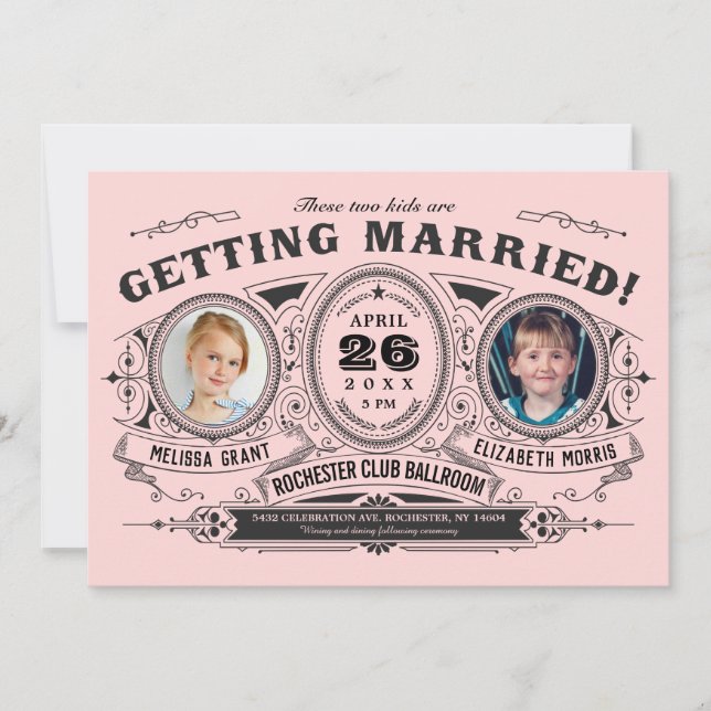 Kids Photo Lesbian Wedding Invitations | Pink (Front)