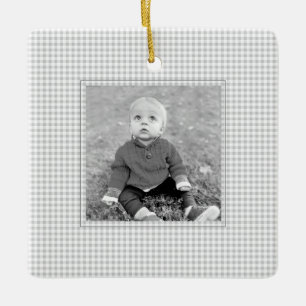 Kids PHOTO NAME YEAR Grey Gingham Annual Fun Ceramic Ornament