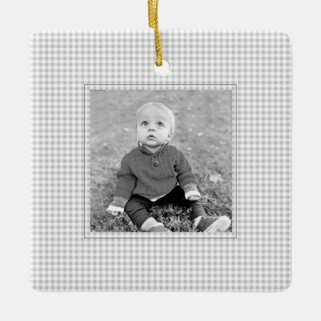 Kids PHOTO NAME YEAR Grey Gingham Annual Fun Ceramic Ornament (Front)