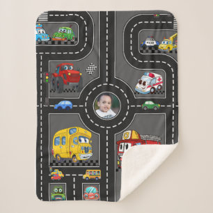 Kids Photo Road Map Cute Cartoon Vehicles Street Sherpa Blanket