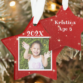 Kids Photo Twinkling Stars Red Christmas Ornament