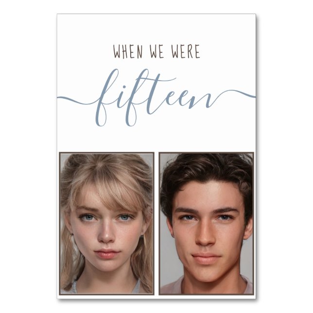 Kids Photos Age 15 Dusty Blue Handwriting Wedding Table Number (Front)