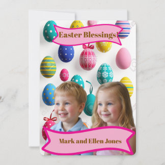 Kids Photos Easter Painted Eggs Pink Holiday Card