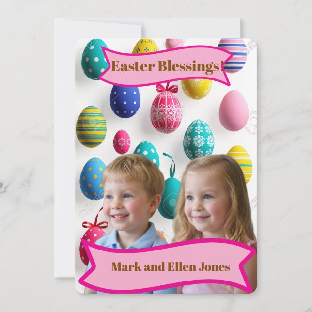 Kids Photos Easter Painted Eggs Pink Holiday Card (Front)