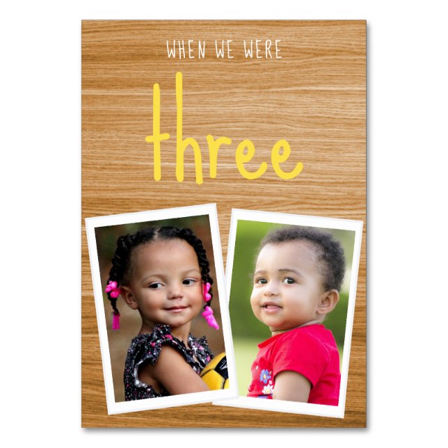 Kids Photos When We Were Age Retro on Wood Wedding Table Number (Front)