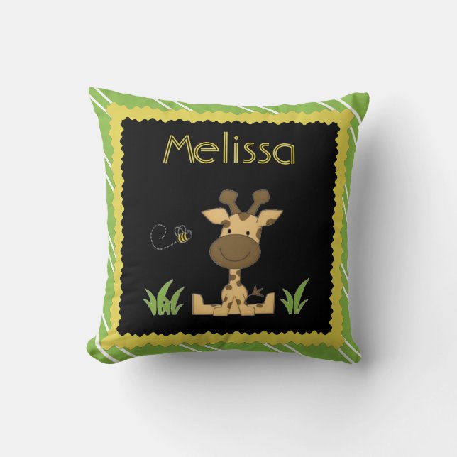 Kids Pillow, Giraffe & Bee, Green/Yellow w Name Cushion (Front)