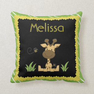 Kids Pillow, Giraffe & Bee, Green/Yellow w Name Cushion