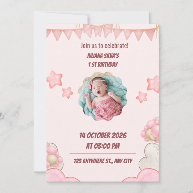  Kids Pink Birthday Party Invite (Front)