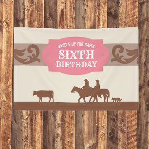 Kids Pink/Brown Western Theme Birthday Party Banner