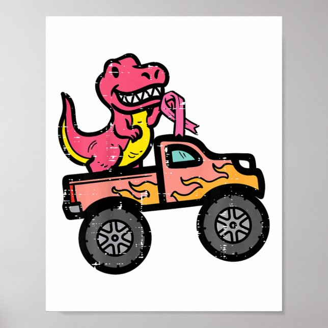 Kids Pink Dino Monster Truck Breast Cancer Awarene Poster (Front)