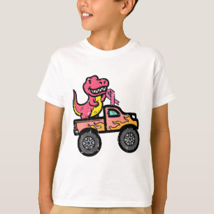 Kids Pink Dino Monster Truck Breast Cancer Awarene T-Shirt