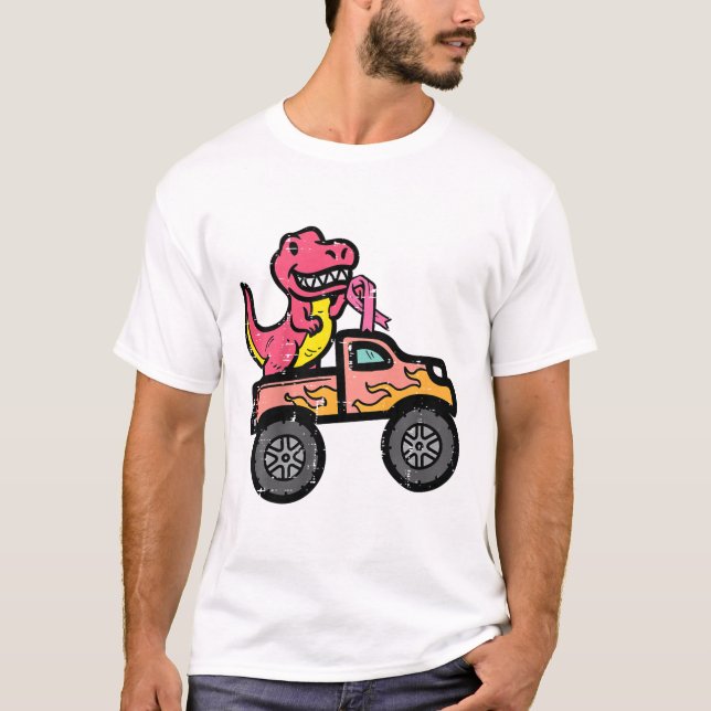 Kids Pink Dino Monster Truck Breast Cancer Awarene T-Shirt (Front)