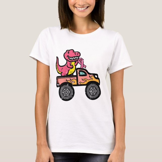 Kids Pink Dino Monster Truck Breast Cancer Awarene T-Shirt (Front)