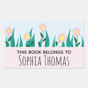 Kids Pink Girly Flowers & Name Bookplate Rectangular Sticker