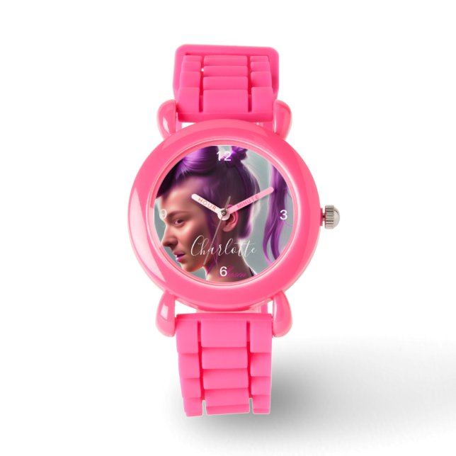 Kids Pink Glitter Strap Cute Girl with Purple Hair Watch (Front)